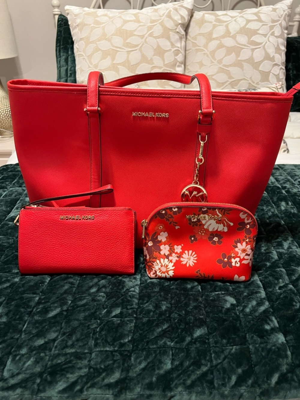 Michael Kors Red Tote Set with Floral Cosmetic Pouch and Matching Wallet